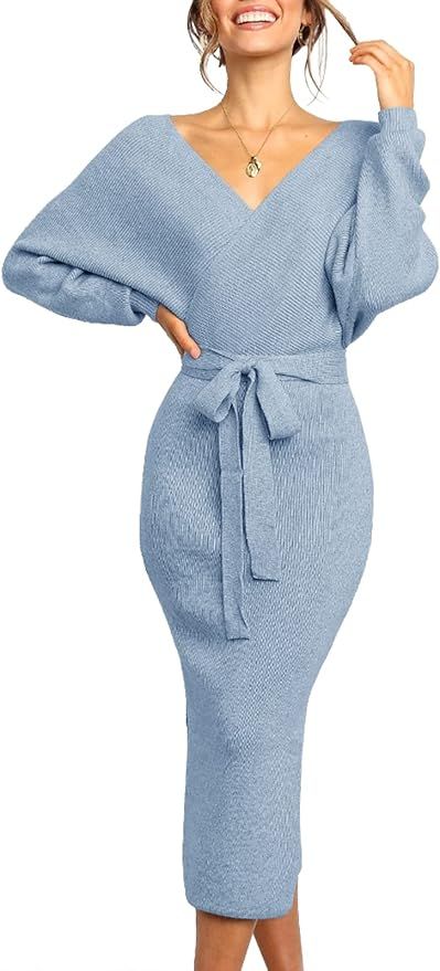 Chang Yun Women's Long Maxi Sweater Dresses Sexy Wrap Batwing V Neck Slit Open Back Holiday Bodyc... | Amazon (US)