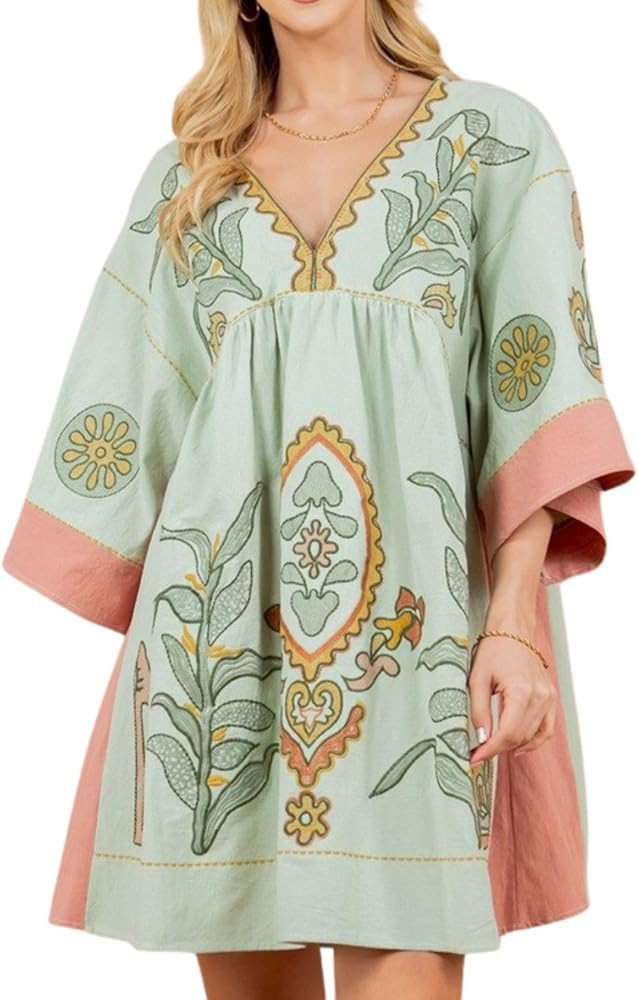 Womens Embroidered Dress with V-Neck and 3/4 Sleeves Loose Fit Vintage Embroidery Babydoll Dress | Amazon (US)