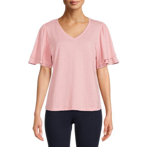 Time and Tru Women's V-Neck Flutter Sleeve Top | Walmart (US)