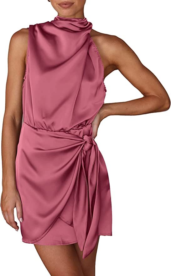 PRETTYGARDEN Women's Short Formal Satin Dress 2023 Summer Sleeveless Mock Neck Tie Waist Cocktail... | Amazon (US)