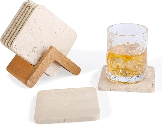 Travertine Coasters Set of 5, Square Coasters with Holder for Drinks, 4" Cup Coaster for Coffee T... | Amazon (US)