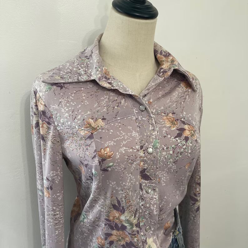Vintage 70s Lavender Floral Western Pearl Snap Shirt | Etsy (US)