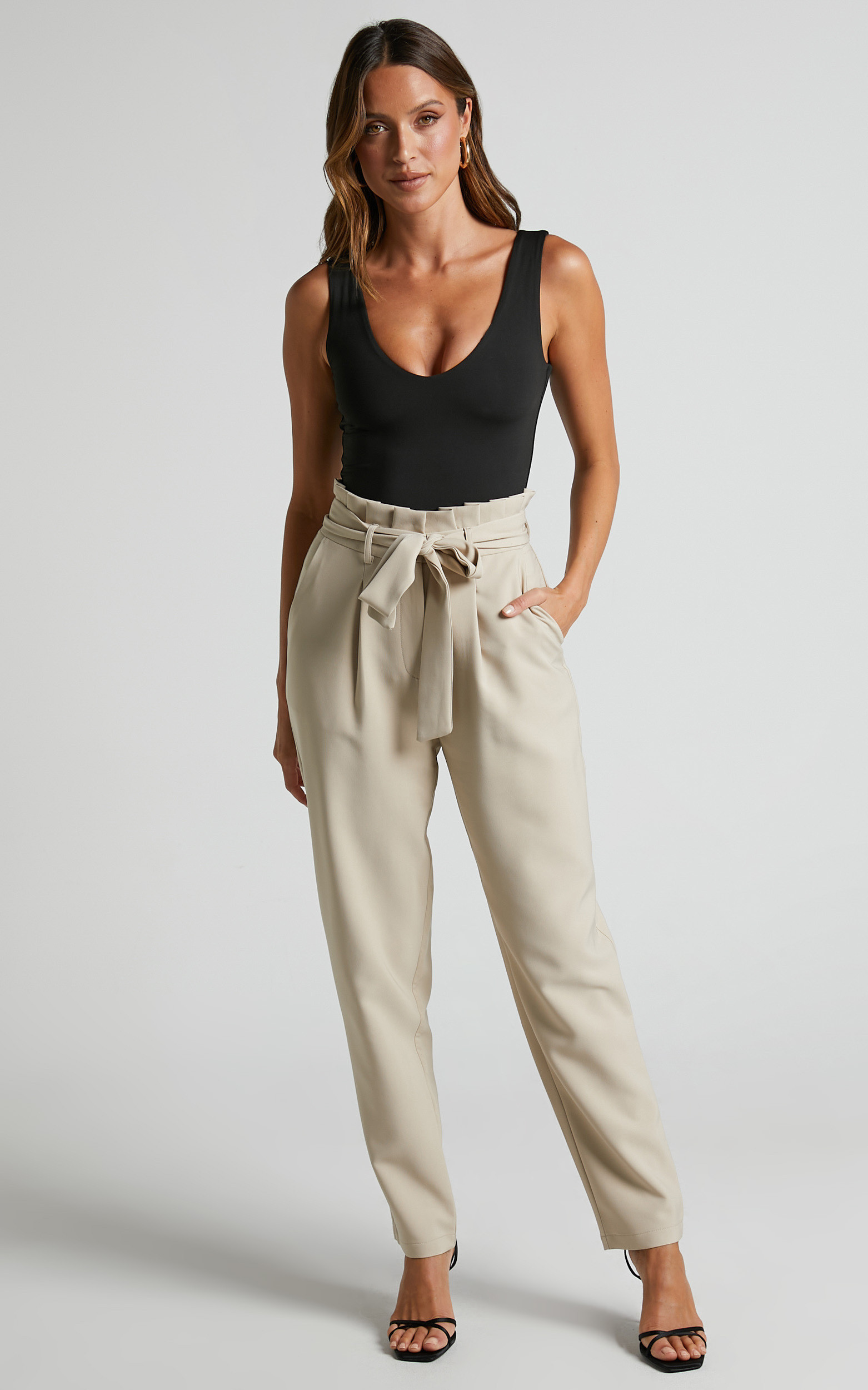 Annalise Paper Bag Waist Pants in Stone | Showpo (US, UK & Europe)