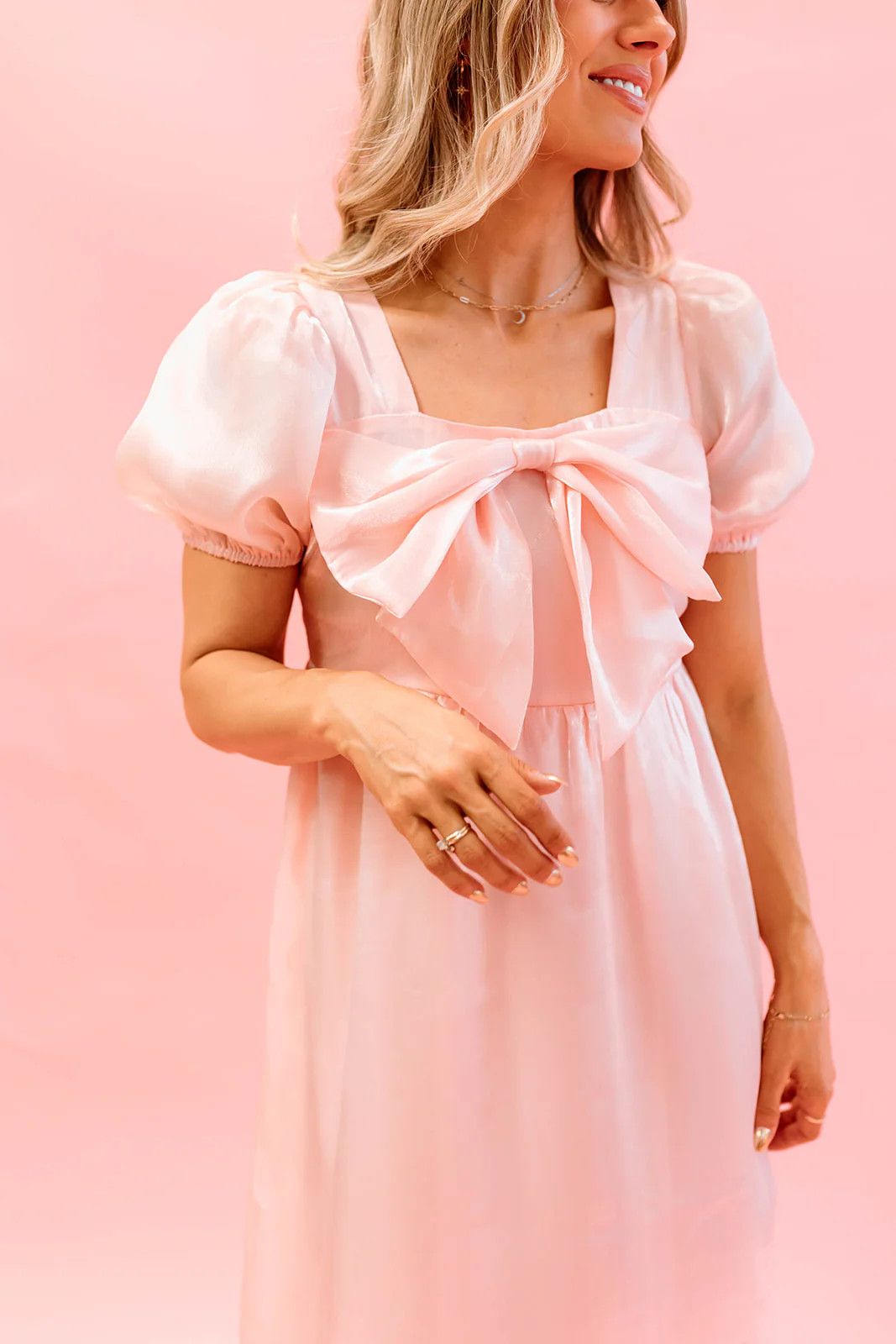THE SATIN BOW DRESS IN POWDER PINK BY PINK DESERT | Pink Desert