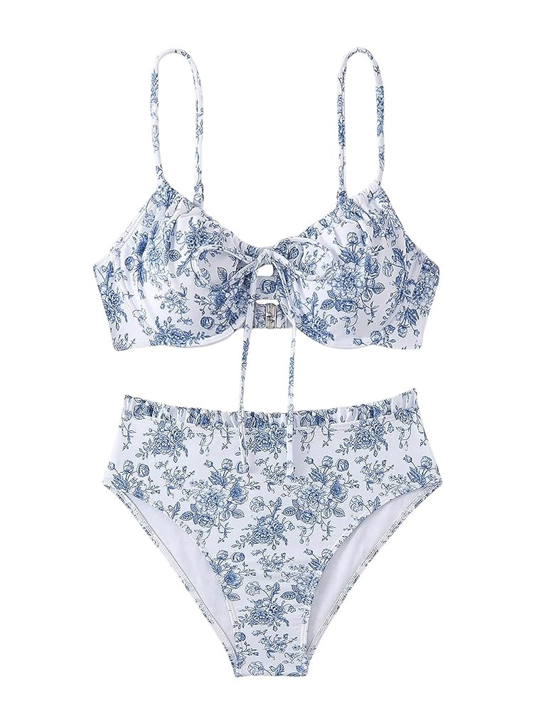 Floerns Women's 2 Piece Bikini Set Floral Tie Front High Waisted Bathing Suit | Amazon (US)