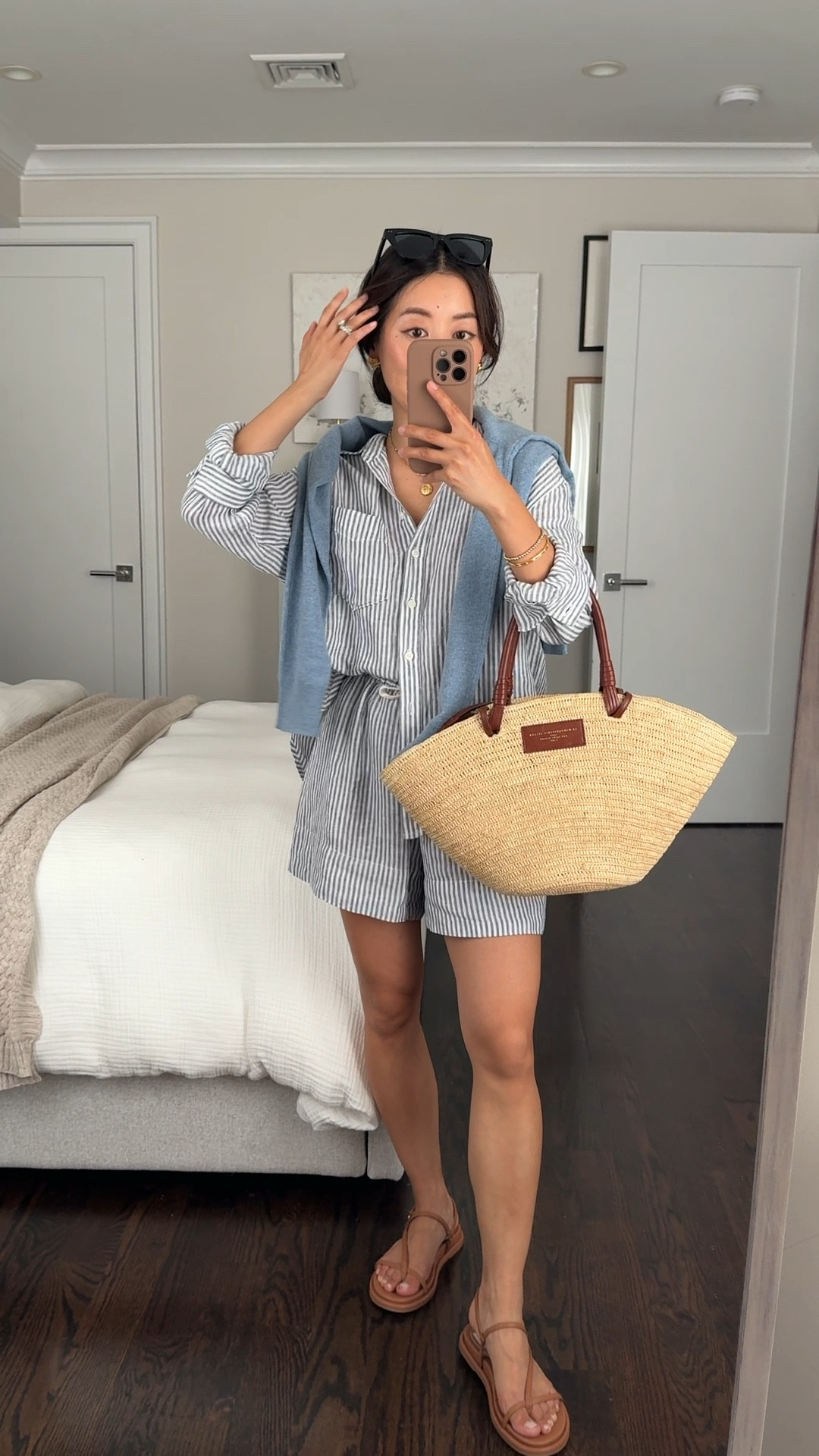 On sale: Gap linen sets in XS petite. Can also be worn separately or open as a swim cover up. 

Since I’m usually an xxsp in other brands (not available at gap) these fit roomy on me, but are good quality versatile summer staples if your size is available or if you like an oversized fit like I do. 

• linen stripe shirt Xs petite roomy fit and long length even in petite 

• linen shorts Xs petite roomy fit. I also tried xxs regular which fit me better and smaller at the waist but are about 0.75” longer in length than the petite.

• quince cashmere sweater Xs 

• dolce vita sandals size 5

• sezane tote

• Mejuri necklace pendant that I put on a different link chain 

Vacation style, hot day summer style, linen outfits, matching sets, travel outfit 

#LTKFindsUnder50 #LTKSummerEdit #LTKTravel