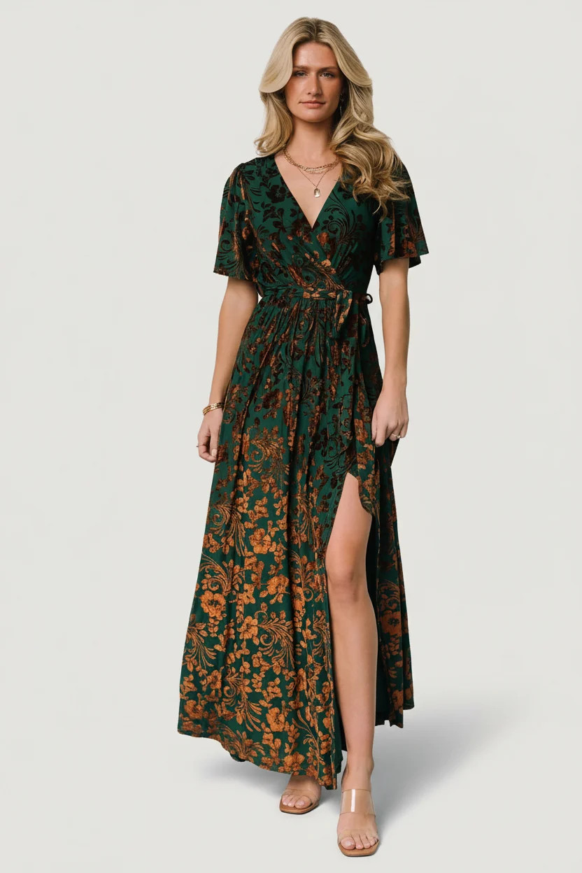 Uma Velvet Maxi Dress — Bronze & Jade Floral | Baltic Born | Baltic Born