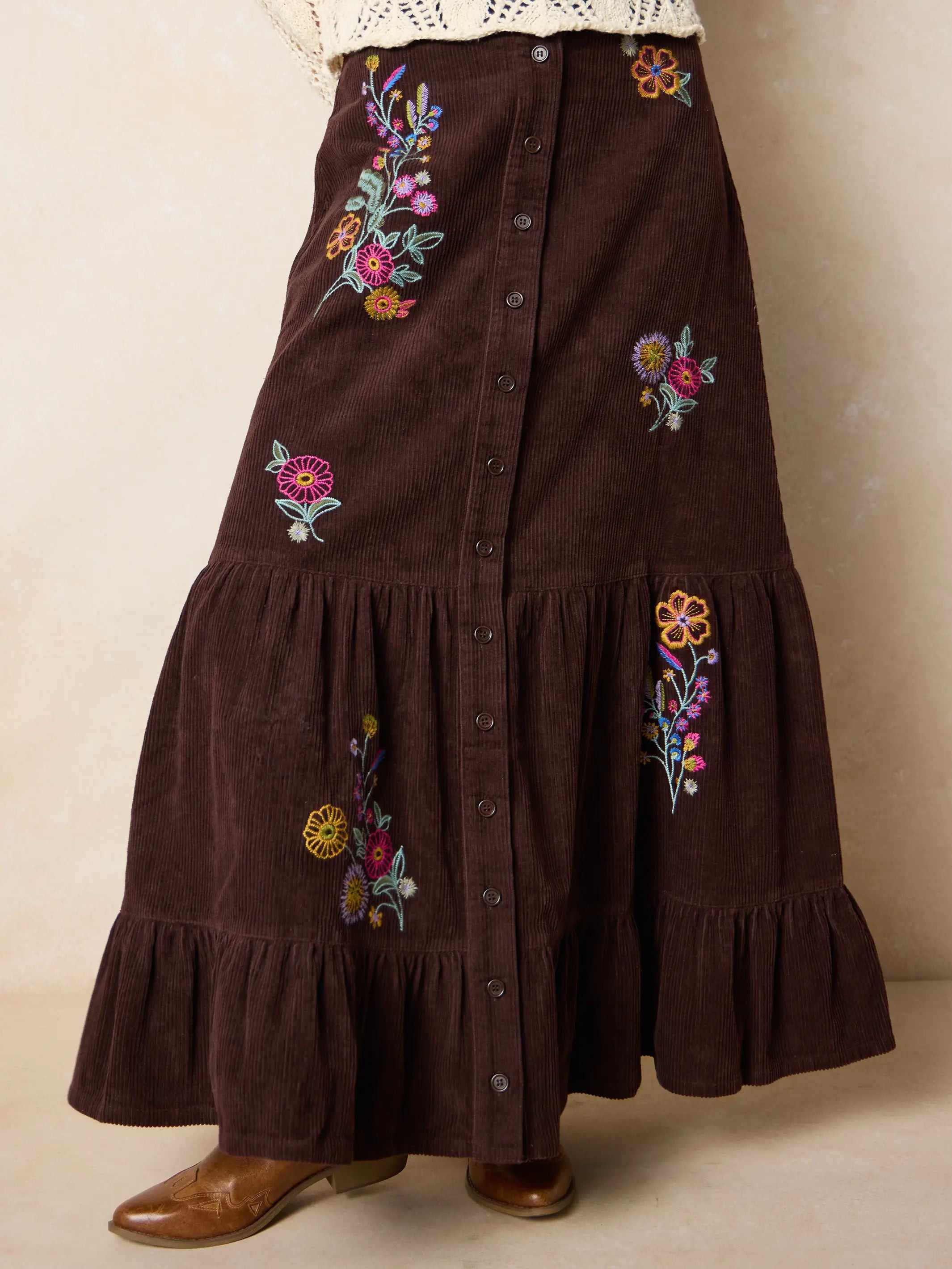 Free Fallin' Embroidered Corduroy Maxi Skirt | Natural Life