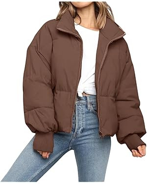 Women’s Winter Cropped Puffer Jacket Coat Casual Quilted Baggy Long Sleeve Zip Down Jackets Out... | Amazon (US)