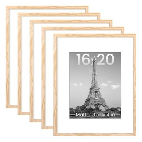 upsimples 16x20 Picture Frame Set of 5, Display Pictures 11x14 with Mat or 16 x 20 Without, Wall Gallery Poster Frames, Natural | Amazon (US)