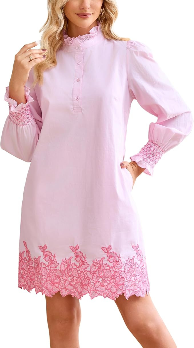Women's Spring Embroidered Mini Dress Long Puff Sleeve Ruffle Collar Button Front Shift Dress | Amazon (US)