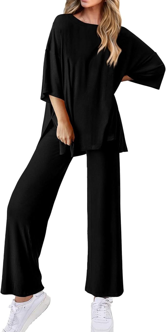 KIRUNDO Lounge Sets for Women Summer Comfy Oversized Slit Short Sleeve Shirts and Wide Leg Pants ... | Amazon (US)