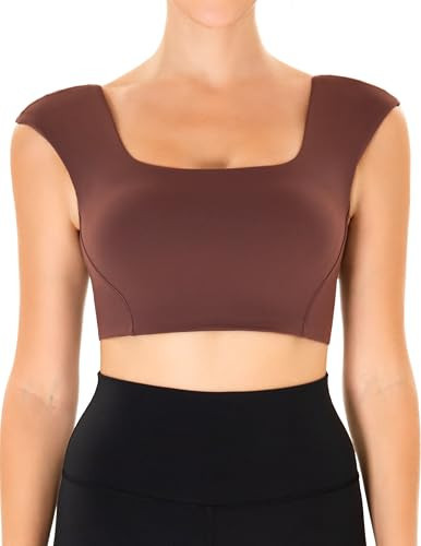 YUNOGA Womens Padded Sports Bras Square Neck Longline Yoga Bras Back Twist Workout Crop Tank Tops (M, Brown Stone) | Amazon (US)