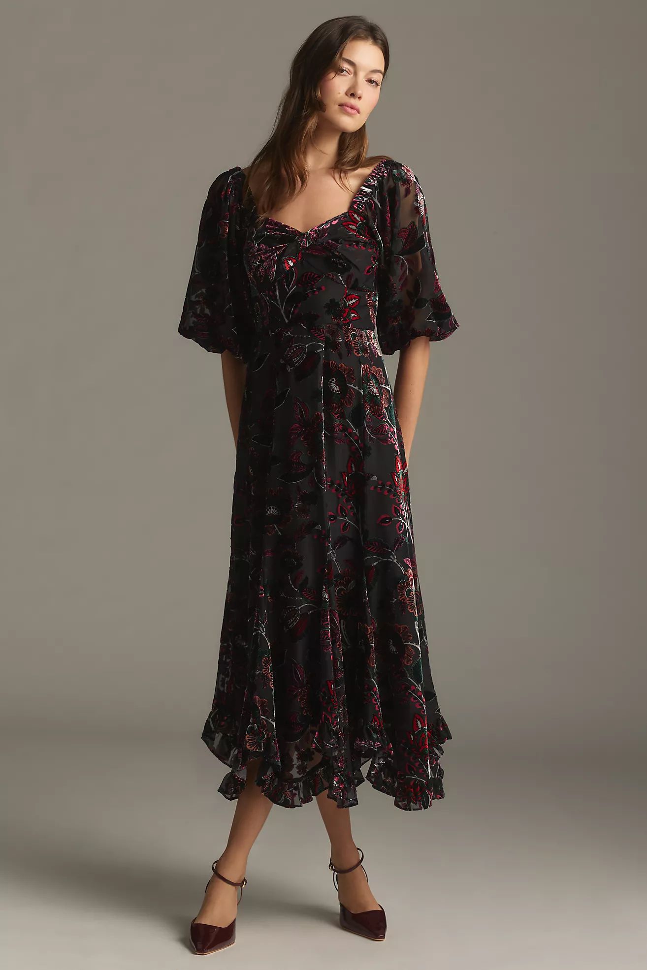 Hutch Printed Twist-Front Puff-Sleeve Ruffle-Hem Dress | Anthropologie (US)