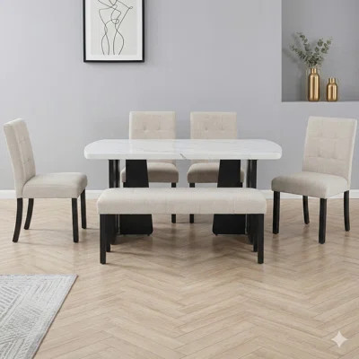 6-Piece Modern Dining Set, 63" Faux Marble Dining Table with Geometric Legs, 4 Upholstered Chairs, and 1 Bench, Easy to Assemble, Suitable for Dining | Wayfair North America