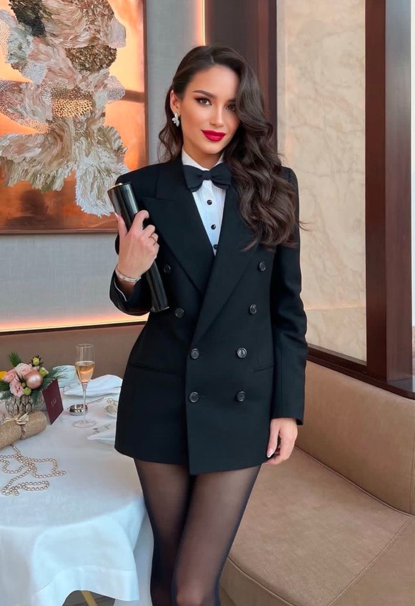 Black blazer dress 
White button up shirt 
Black bow tie 
Black stocking 

#LTKStyleTip #LTKMostLoved #LTKPetite