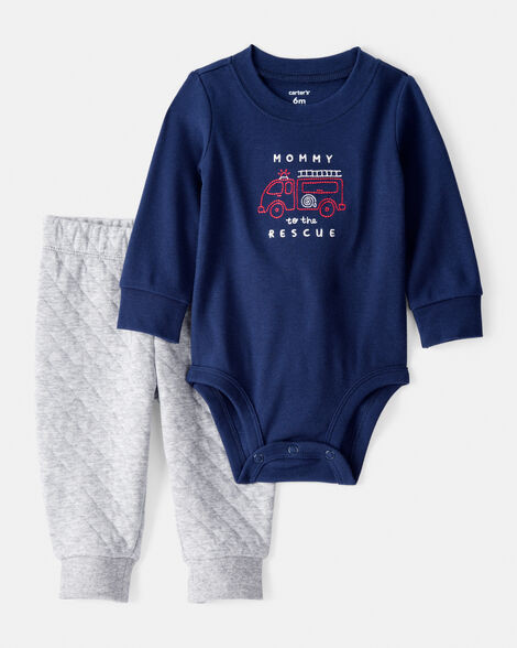 Baby Boy 2-Piece Firetruck Print Long-Sleeve Bodysuit & Pant Set - Blue | Carter's Inc