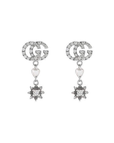 Gucci 18k White Gold Diamond Flora GG Drop Earrings | Neiman Marcus