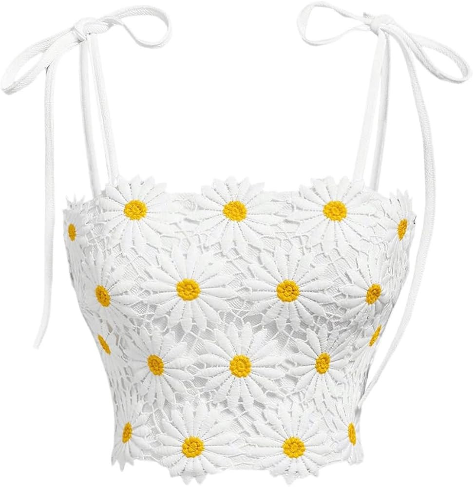 WDIRARA Women's Boho Daisy Floral Guipure Crop Top 3D Flower Tie Shoulder Square Neck Cute Cami T... | Amazon (US)