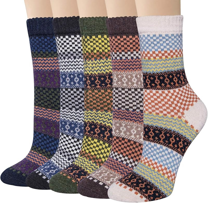 Womens Wool Socks, 5 Pairs Vintage Thick Knit Winter Warm Socks for Women Men Gifts | Amazon (US)