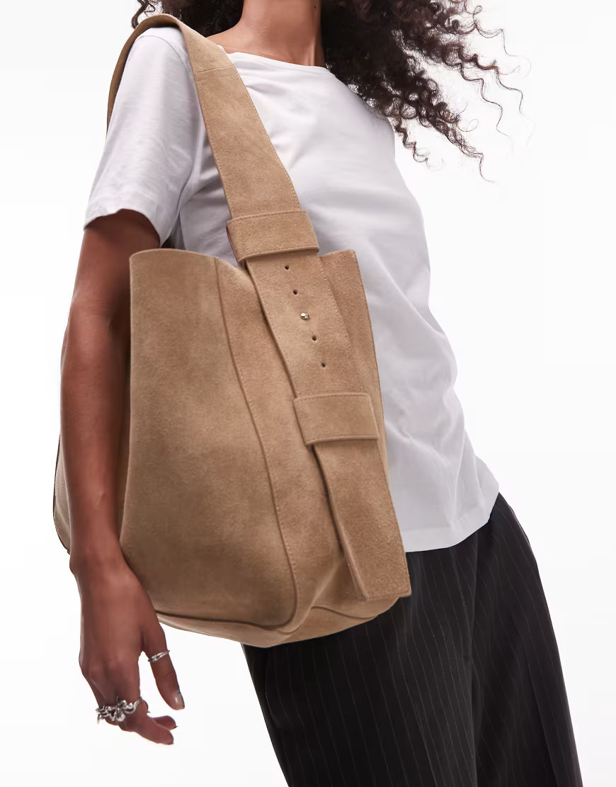 Topshop Suri real suede leather shoulder bag in tan-Neutral | ASOS (Global)