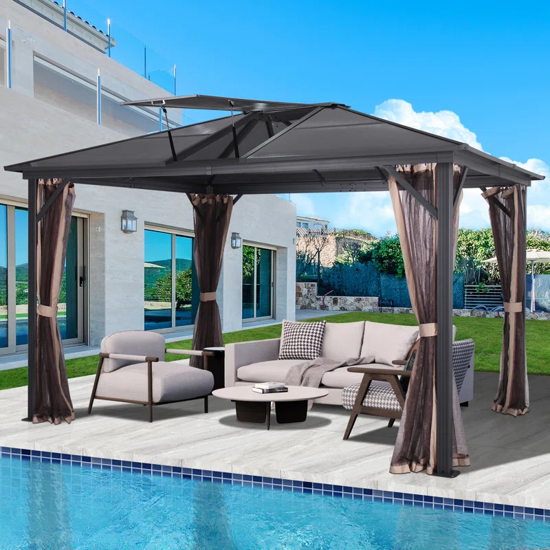 Aluminum Patio Gazebo with Breathable Netting & Polycarbonate Skylight | Wayfair North America
