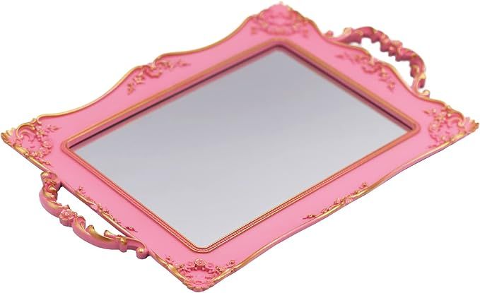 Antique Decorative Pink Framed Square Mirror Tray, Jewelry & Cosmetics Organizer for Dresser, Squ... | Amazon (US)