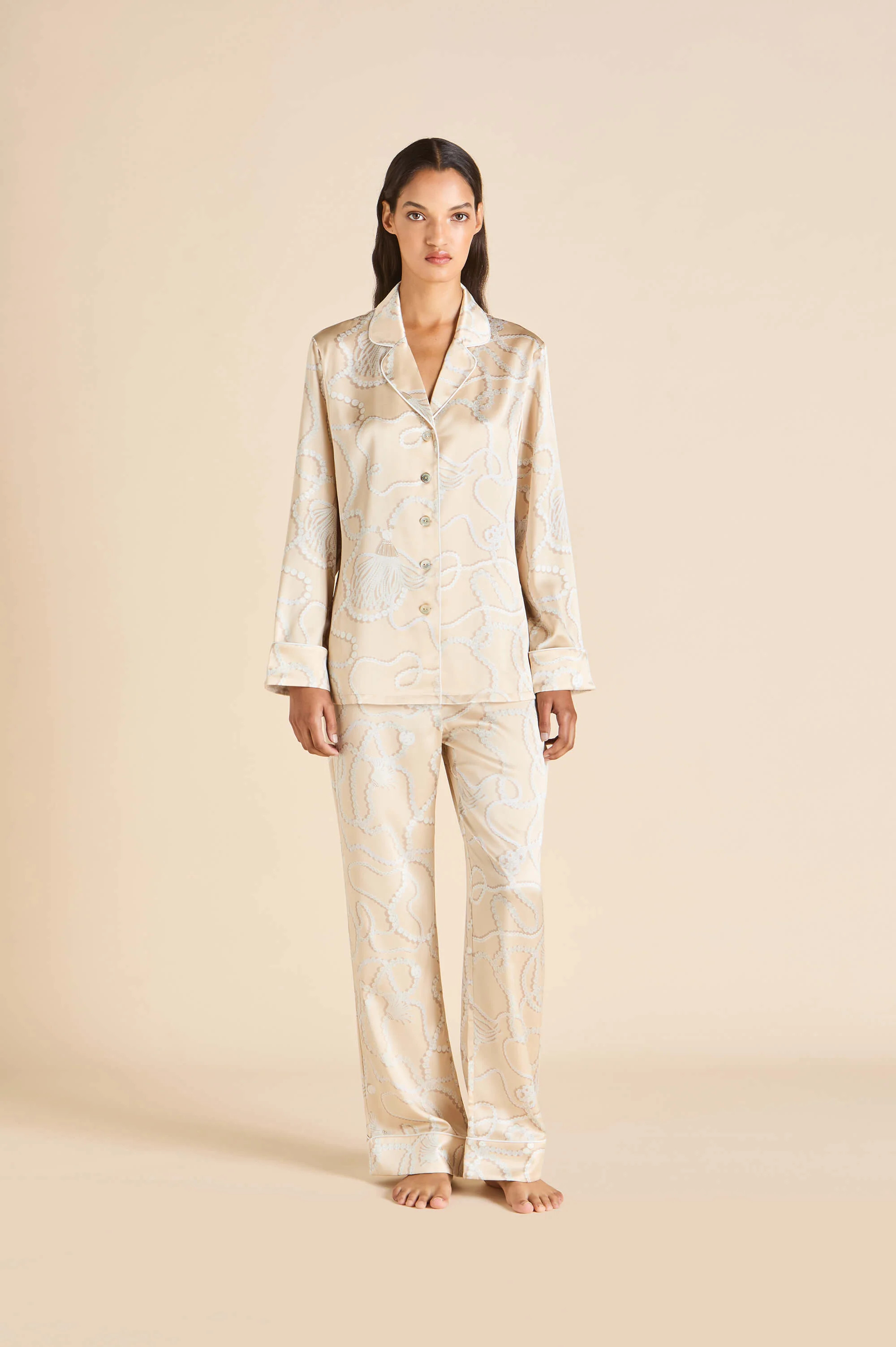 Lila Pearl Pink Jewel Pyjamas in Silk Satin | Olivia von Halle