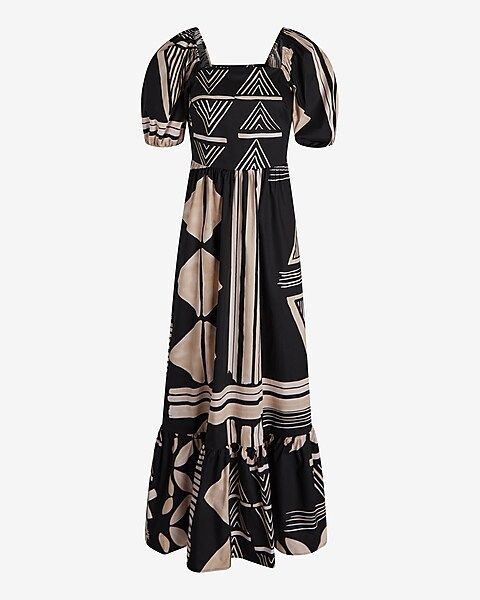 Printed Square Neck Puff Sleeve Tiered Poplin Midi Dress | Express