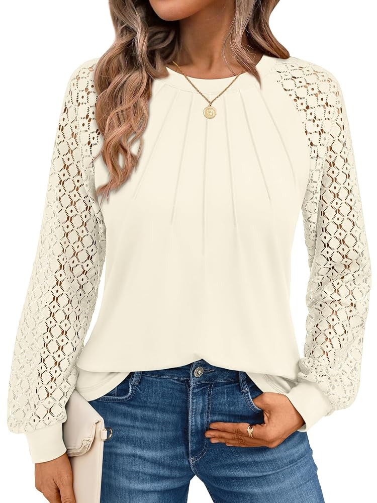 AUTOMET Womens Long Sleeve Shirts Pleated Lace Tops Fall Fashion Outfits Business Casual Blouses | Amazon (US)