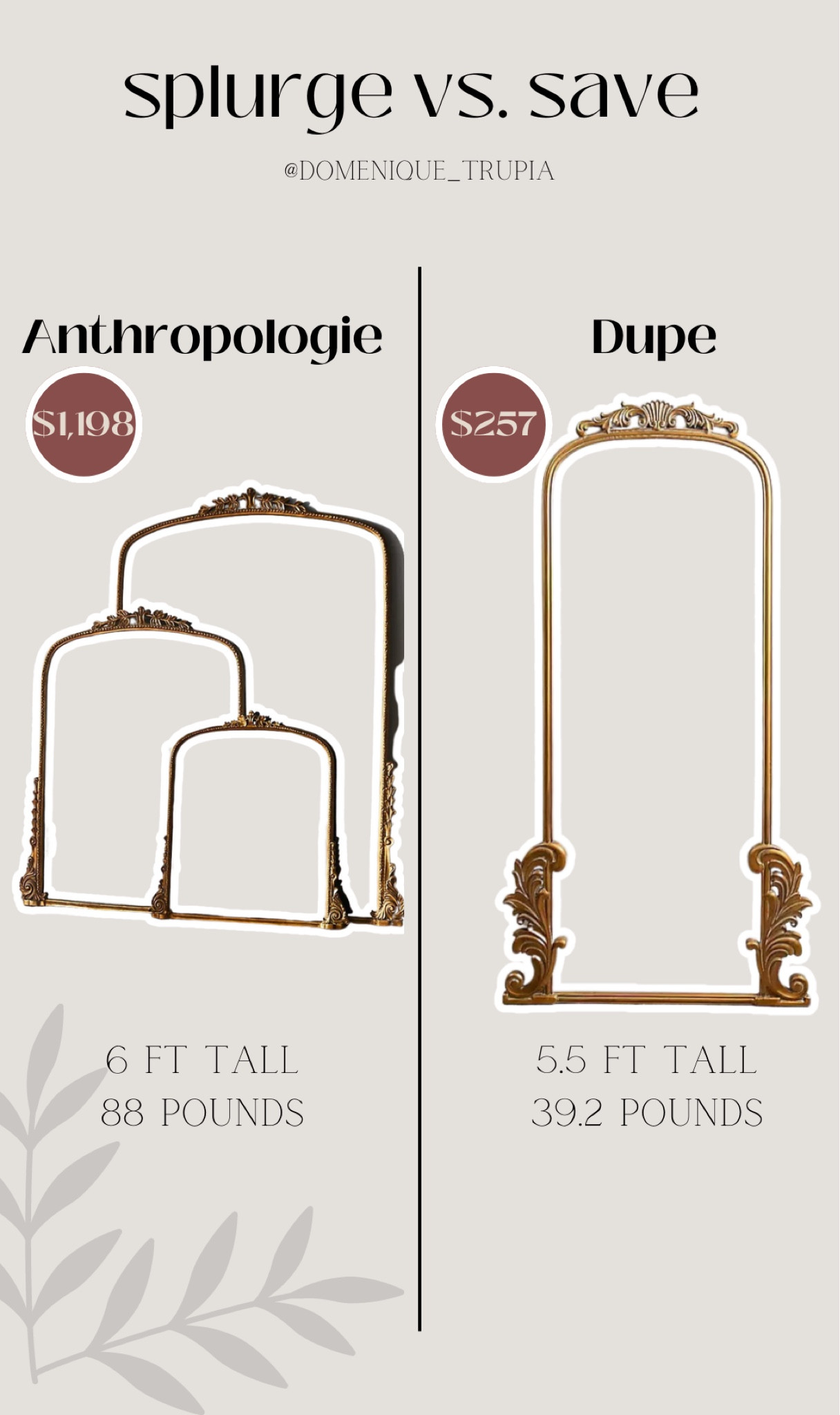Splurge vs Save:  anthropologie mirror vs look a like mirror. Anthro mirror, primrose mirror, floor mirror, antique mirror, Anthropologie mirror, Kirklands decor, fancy mirror, ootd mirror

#LTKFind #LTKhome #LTKSeasonal