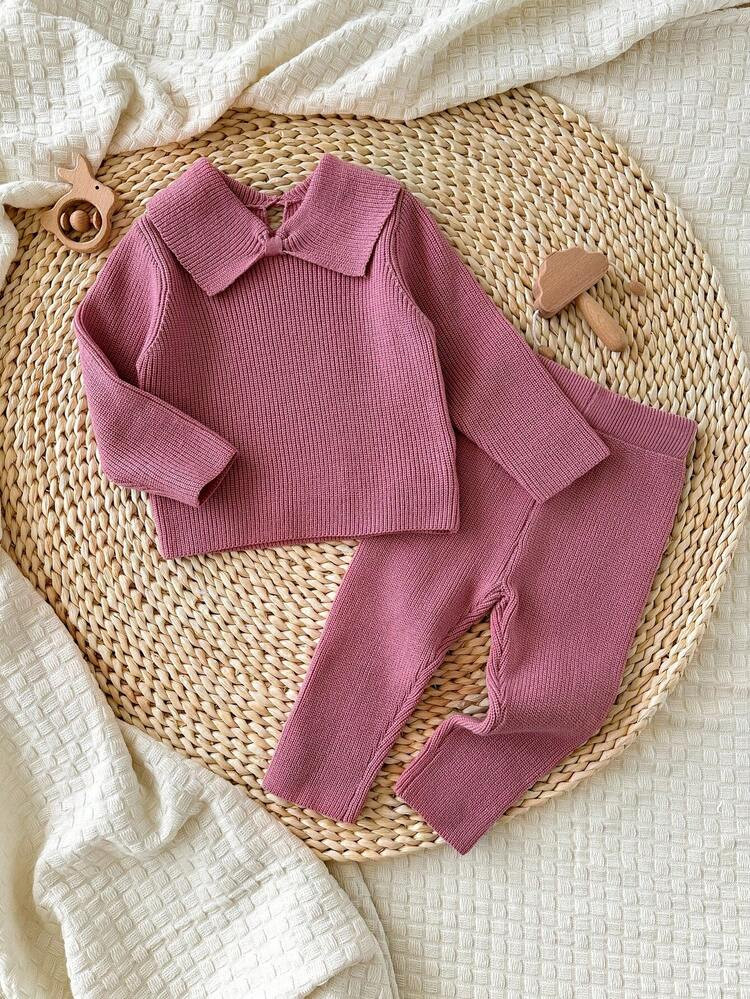 SHEIN Newborn Baby Girl Cute Pink Bow Collar Long Sleeve Top & Elastic Waist Pants Sweater Set, Versatile For Autumn/Winter Fall | SHEIN