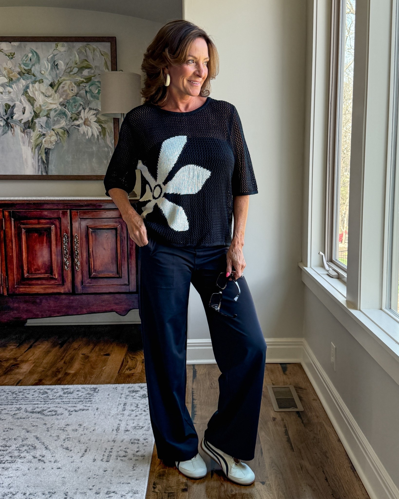 Black mesh floral sweater with wide leg pants and Mary Jane sneakers

This is one of those outfits that feels effortless but still looks styled—easy layers, relaxed fit, and the shoes make it current.

#casualchic #over50style #everydayoutfit #effortlessstyle