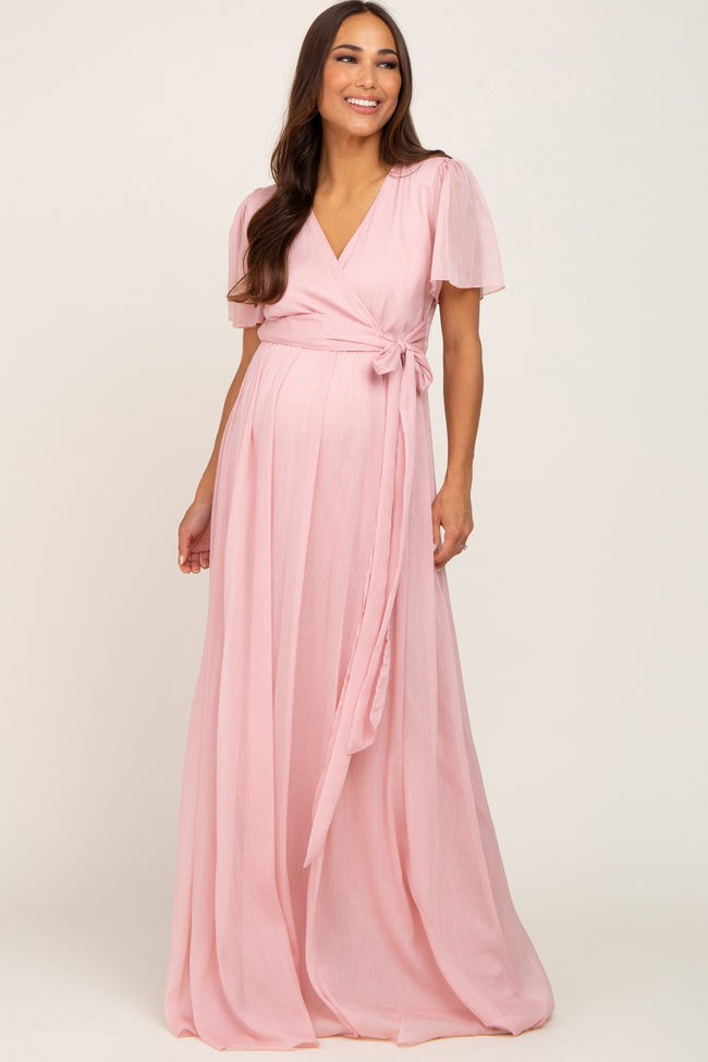 Light Pink Metallic Shimmer Chiffon Maternity Maxi Dress | PinkBlush Maternity