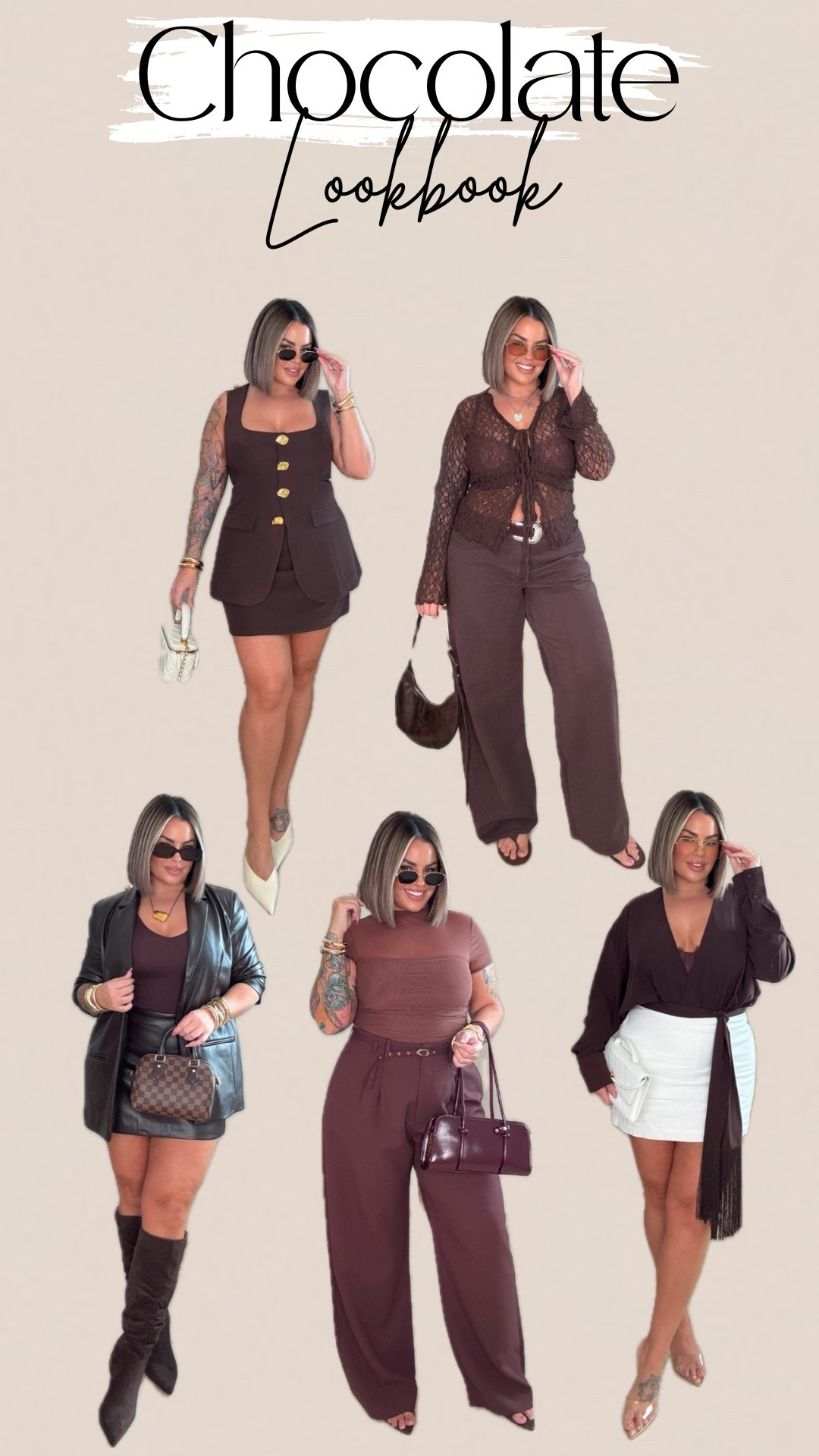Brown skirt set with gold button
Size 12 
Brown lace top L 
Brown jeans linked exact I size up in these for relaxed loose fit ( size 32L) and also linked the high rise version I also have and love I do those in 31L . 
Leather blazer L 
Leather skort size up I’m doing 14
Brown tank under blazer L 
Mesh brown top shade brown size L 
Brown dress pants size up because waist runs small I’m doing 32L 
Brown bodysuit with fringe size 10 
White skirt size L it’s sold out but linked the same brand but it’s a similar style just slightly different.

#fall #leather #suede #sets #jeans #denim #brown #abercrombie #zara #express #blazer #fringe #amazon

#LTKSaleAlert #LTKMidsize