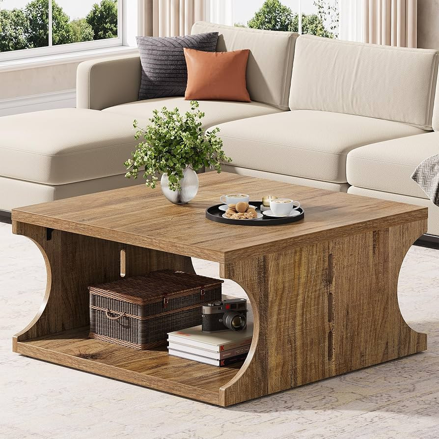 Wooden Square Coffee Table for Living Room, Modern Farmhouse Cocktail Center Table with Shelf, 2-... | Amazon (US)