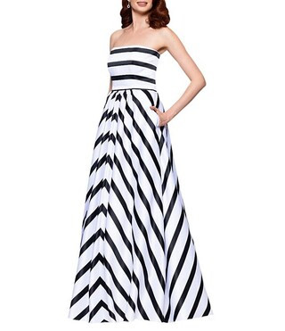 Betsy & Adam Satin Stripe Print Strapless Neck Sleeveless A-Line Gown | Dillard's | Dillard's