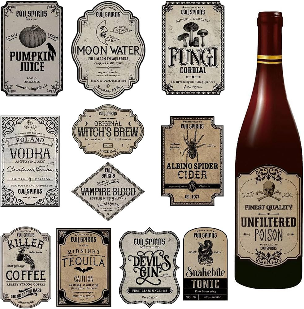 24Pcs Vintage Halloween Wine Bottle Label Set, Waterproof Stickers for Wine and Beer Bottles, Per... | Amazon (US)