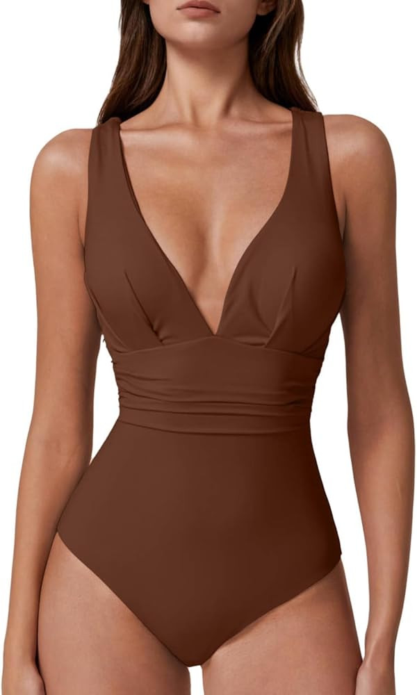 QINSEN Womens Sexy V Neck One Piece Bathing Suit Cross Back Swimsuit High Waist Monokini | Amazon (US)