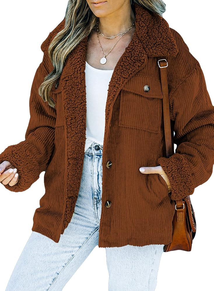 Dokotoo Corduroy Sherpa Jacket for Women Button Down Fleece Fur Collar Winter Warm Coat | Amazon (US)