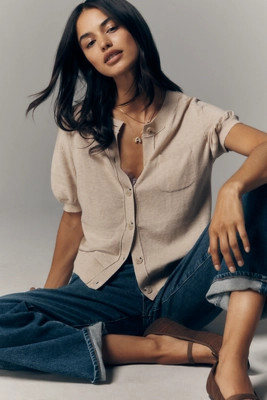 Maeve Short-Sleeve Crew-Neck Cardigan Sweater | Anthropologie (US)