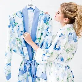 Women's Personalized Embroidered Floral Satin Robe With Pockets - Blue | The Knot 