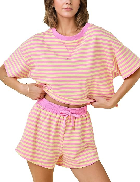 MSBESYOR Striped Set for Women Summer 2 Piece Lounge Sets Casual Pajamas Matching Set Short Sleev... | Amazon (US)