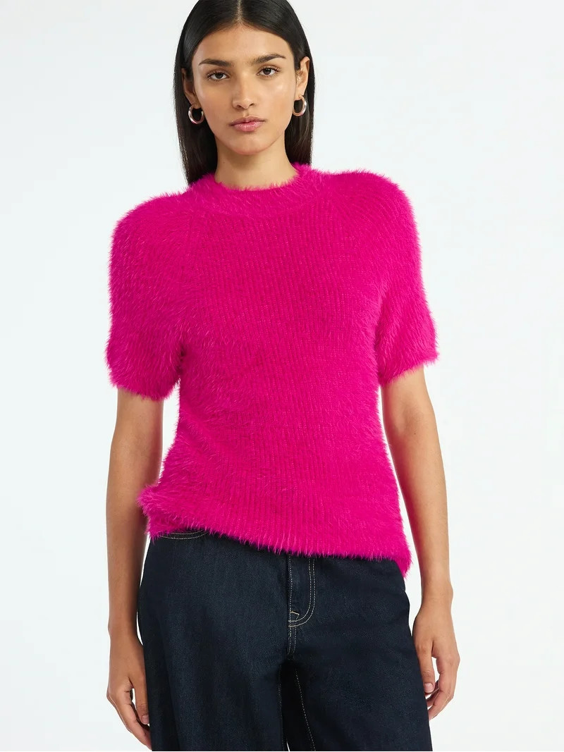 Scoop Women’s Fuzzy Sweater Top with Short Sleeves, Lightweight, Sizes XS-XXL | Walmart (US)