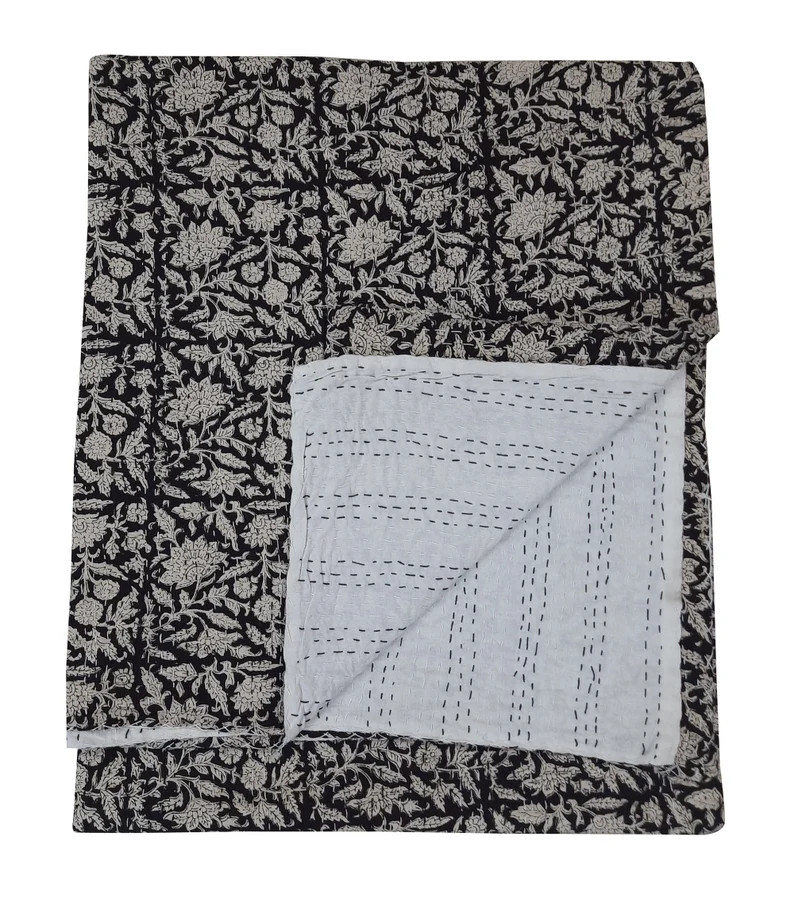 Black Kantha Hand Block Print Cotton Kantha Quilt  Indian | Etsy | Etsy (US)