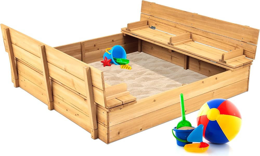 Best Choice Products Kids' Outdoor Wooden Sandbox Large, Cedar Wood with Foldable Bench Seats and... | Amazon (US)