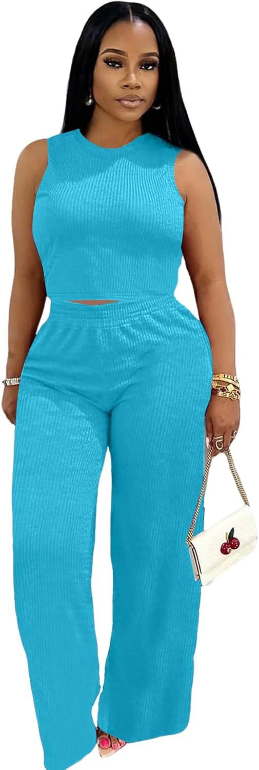 Women's Sleeveless 2 Piece Loungewear Set Soft Tank Top Wide Leg Pants Comfortable Casual Summer Outfit | Amazon (US)