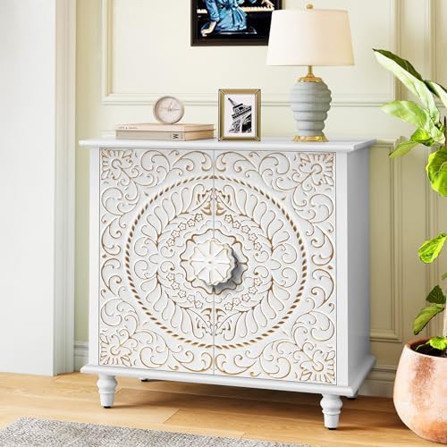ARTPOWER Accent Cabinet with 2 Doors, Decorative Storage Cabinet with Carved Flower Pattern, White Sideboard Buffet with Storage, Wood Credenza for Entryway, Living Room, Kitchen, Dining Room | Amazon (US)