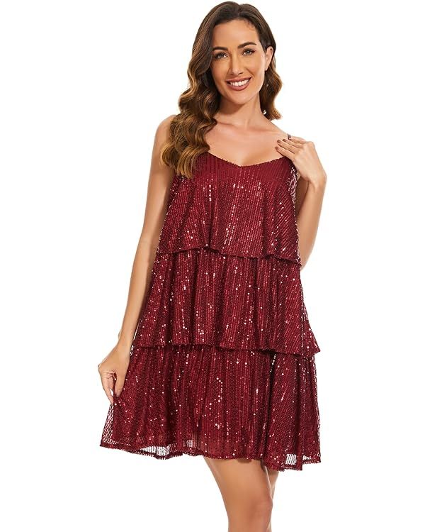 FANSI NOVA Women's Glitter Sequin Dress Adjustable Spaghetti Strap V Neck Fashion Sparkle Layered... | Amazon (US)