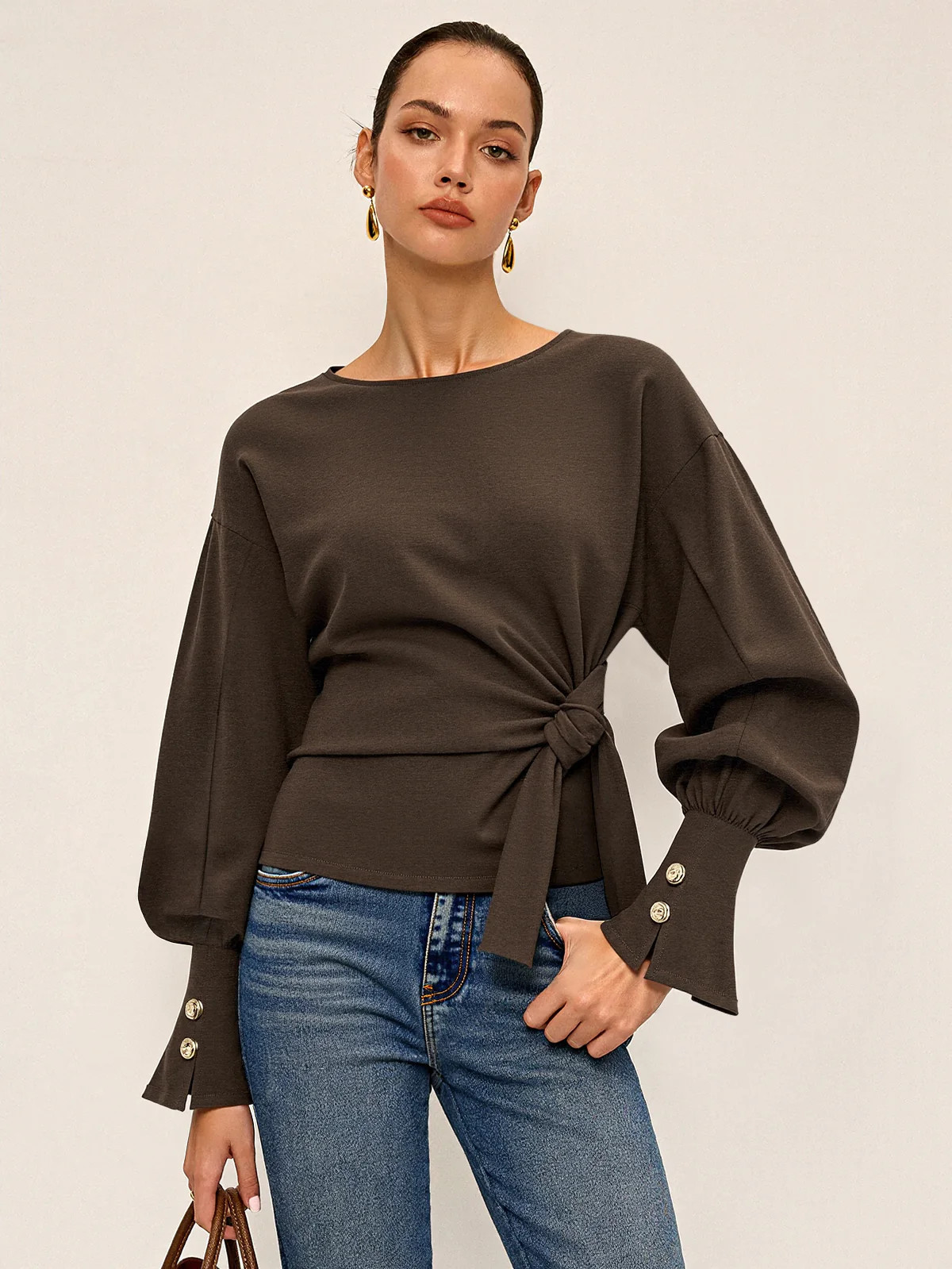 Twist Knot Balloon Sleeve Sweatshirt | Commense